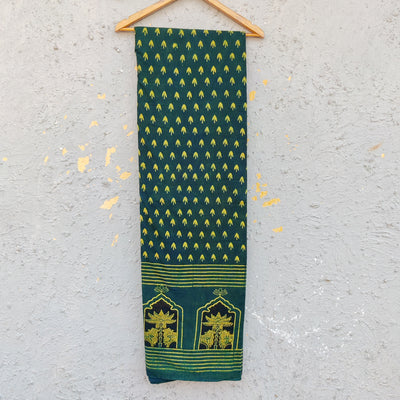 Daman Ajrak Pure Cotton Green With Moo Intricate Design Border Hand Block Print Fabric