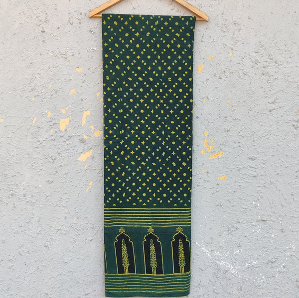 (Pre-Cut 0.95 Meter) Daman Ajrak Pure Cotton Green With Tree Intricate Design Border Hand Block Print Fabric