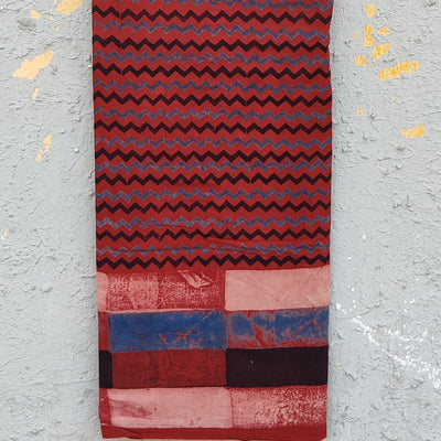 Daman Ajrak Pure Cotton Red Rust And Black Zig-Zag And Different Patches Bricks Hand Block Print Fabric