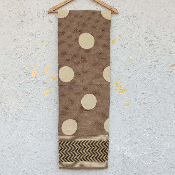 Daman Ajrak Pure Cotton Sandy Brown With Cream Big Dots And Black And Craem Zig-Zag Border Hand Block Print Fabric