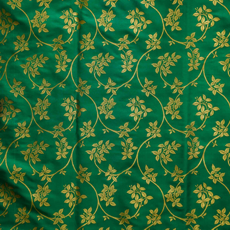 Dark Green With Gloden Flower Jaal Brocade Woven Fabric