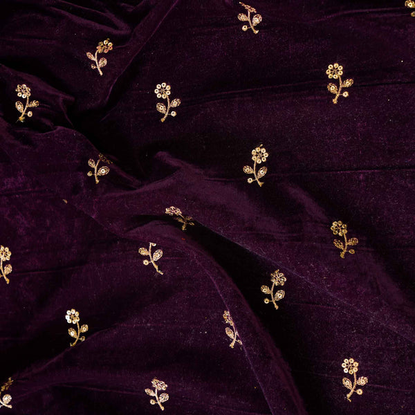 ( Pre-Cut 1.50 Meter ) Deep Wine Royal Velvet With Zari Flower Embroidered Motifs