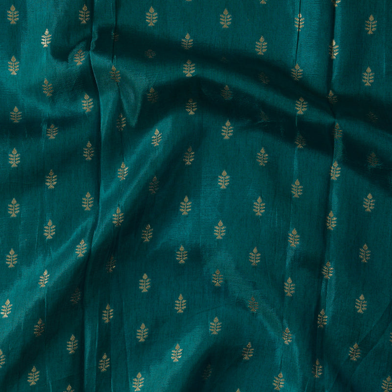 Dola Silk Blue With Golden Zari Flower Motif Hand Block Print Fabric