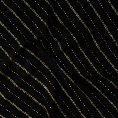 Dola Silk Royal  Black With Golden Zari Horizontal Stripes Hand Woven Fabric