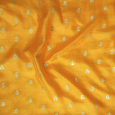 Dola Silk Royal Mustard White With Golden Zari Flower Motif Hand Woven Fabric