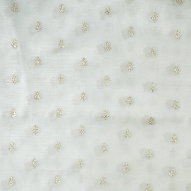 Dola Silk Royal  White With Golden Zari Flower Motif Hand Woven Fabric