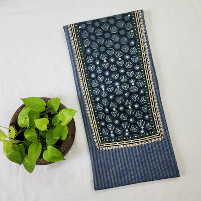 EKTA-Pure Cotton Handloom Blue With Navy Blue Stripes With Vansapati Emboriderey Yoke Pre-Design Unstitched Kurta Fabric
