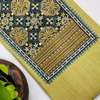 EKTA-Pure Cotton Handloom Light Green With Vanaspati  Emboriderey Yoke Pre-Design Unstitched Kurta Fabric