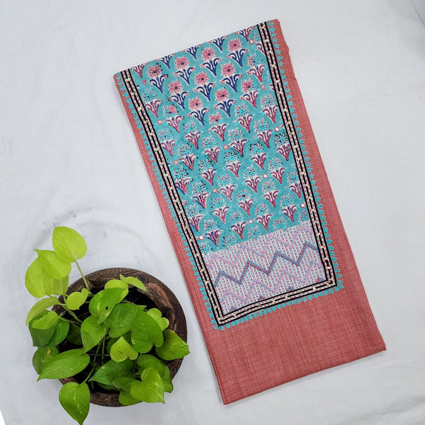 EKTA-Pure Cotton Handloom Pink With Blue Jaipuri Emboriderey Yoke Pre-Design Unstitched Kurta Fabric