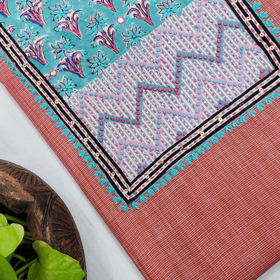EKTA-Pure Cotton Handloom Pink With Blue Jaipuri Emboriderey Yoke Pre-Design Unstitched Kurta Fabric