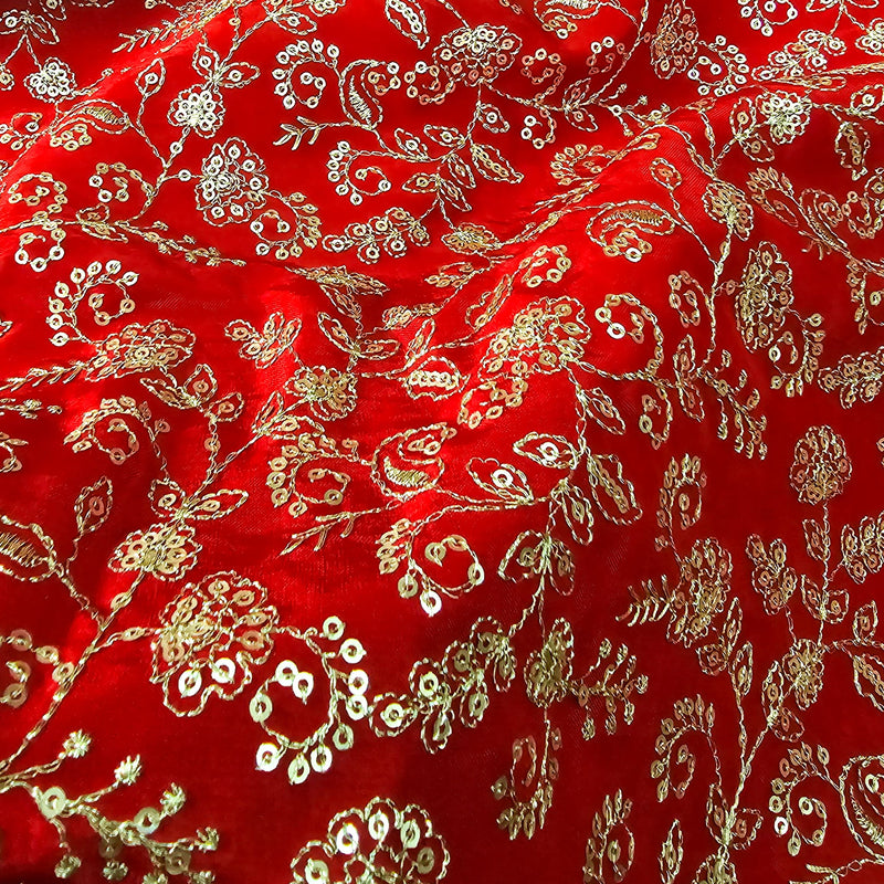 Embroidery Dola Silk Red With Golden Fabric