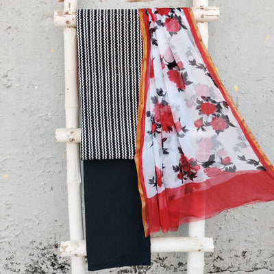 GIANA-Muslin Black With White Top And Plain Black Cotton Bottom And Chiffion Red Flower Dupatta