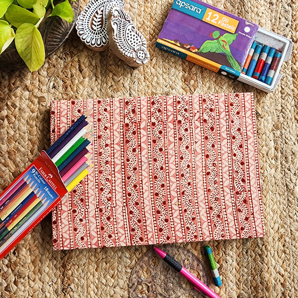 Handmade Upcycled Kalamkari Peach With Rust Red Border Sketch Book