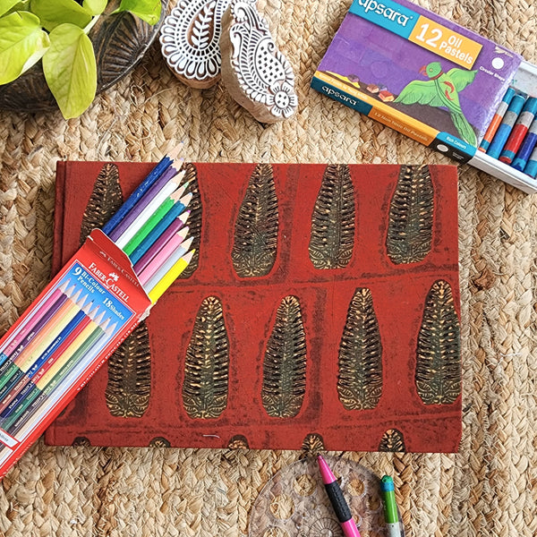 Handmade Upcycled  Red Ajrak With Leaves Motif Sketch Book