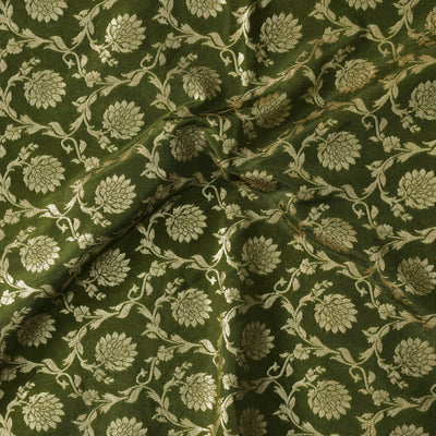 Heavy Dola Silk Green With Golden Zari Flower Jaal Hand Block Print Fabric