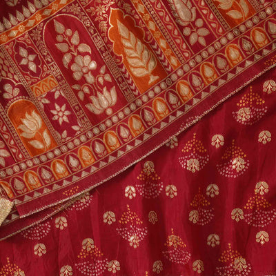 Heavy Dola Silk  Red With Orange Big Border Hand Woven Fabric