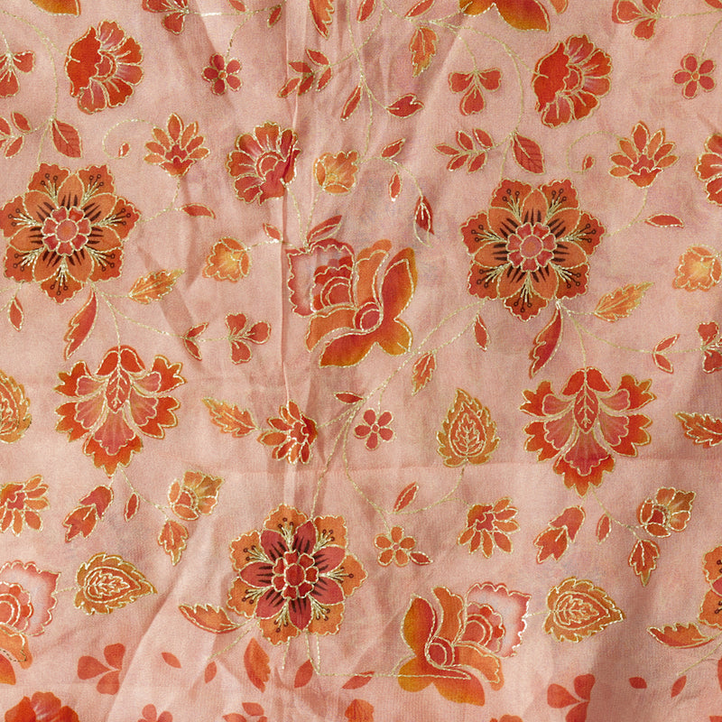 Heavy Georgette Peach With Orange Flower With Zari Work Print Fabric