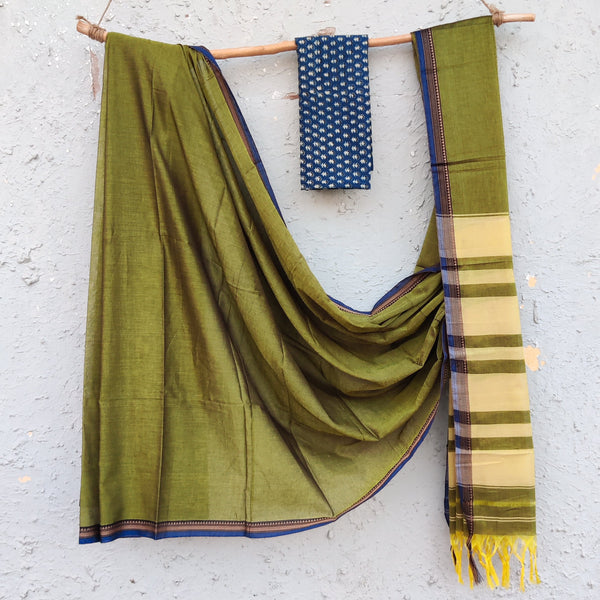 ILKAL- Pure Cotton Traditional Ilkal Saree Green And Rust Blue Ajrak Blouse