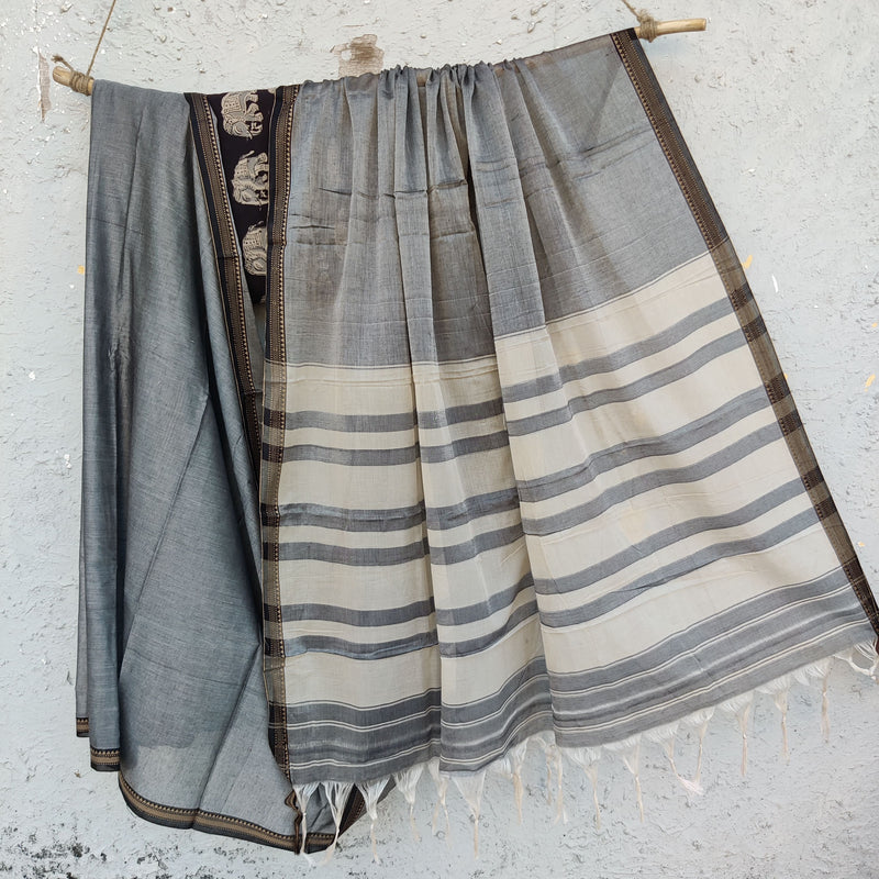 ILKAL- Pure Cotton Traditional Ilkal Saree Grey  And Black Elephant Kalamkari  Blouse