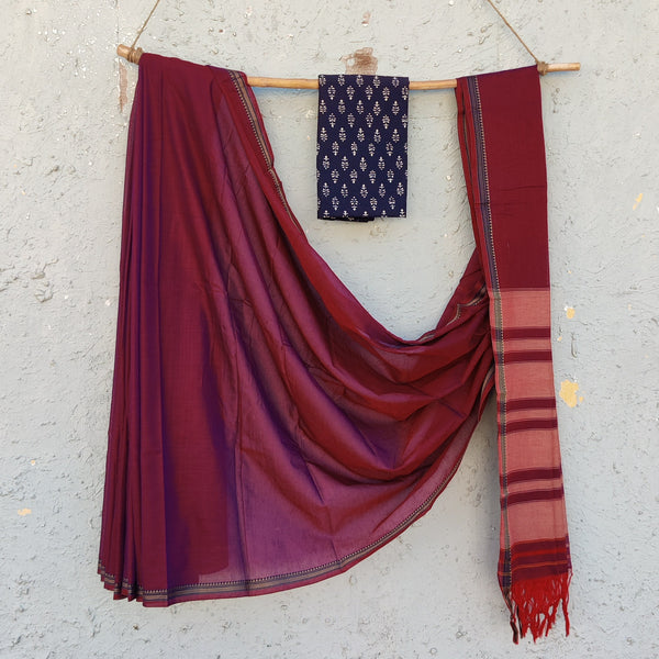 ILKAL- Pure Cotton Traditional Ilkal Saree Lavender With   Navy Blue Gamthi Blouse