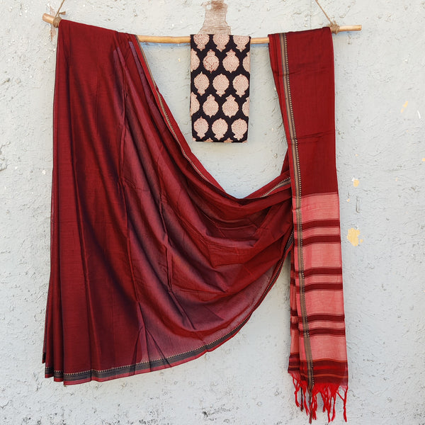 ILKAL- Pure Cotton Traditional Ilkal Saree Maroon And Black With Red Bagru Blouse