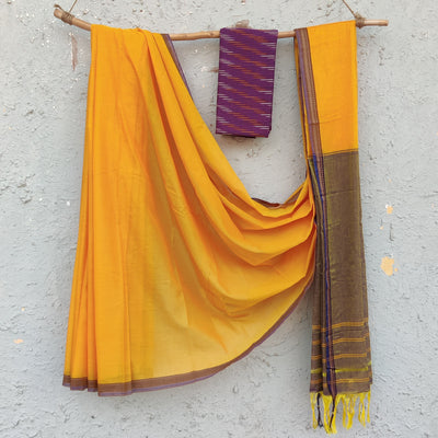 ILKAL- Pure Cotton Traditional Ilkal Saree Yellow And Purple Ikkat Blouse