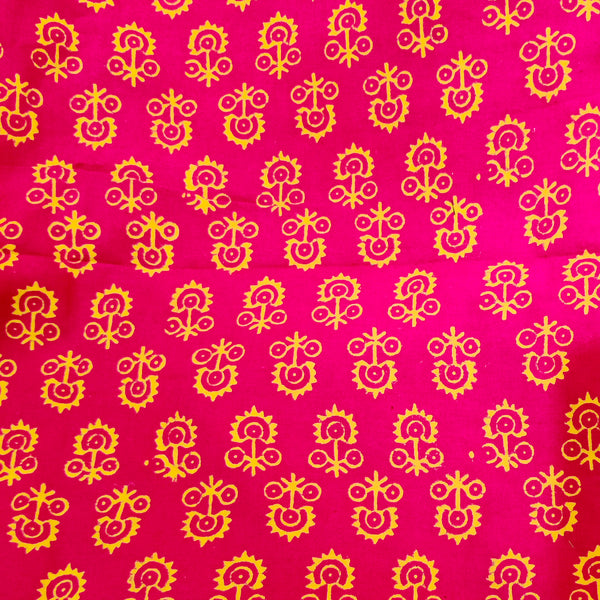 Pure cotton Gamthi Pink With Yellow Small Wild Plant Hand Block Print Fabric