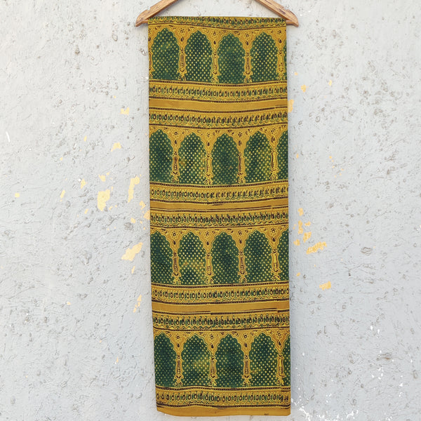 Pure Cotton Ajrak Contemporary Minare Yellow With Green Hand Block Print Fabric