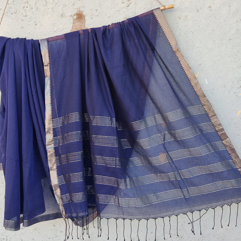 AARADHYA-Mercerised Cotton Blue With Silver Border Saree