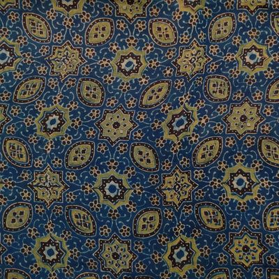 (Pre-Cut 1.40 Meter )Modal Silk Persian Blue With Green Tile Hand Block Print Fabric