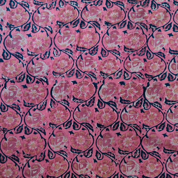 Blouse Piece 1.25 Meter Pure Cotton Jaipuri Pink With Beautiful Pink Brown Jaal Hand Block Print Fabric