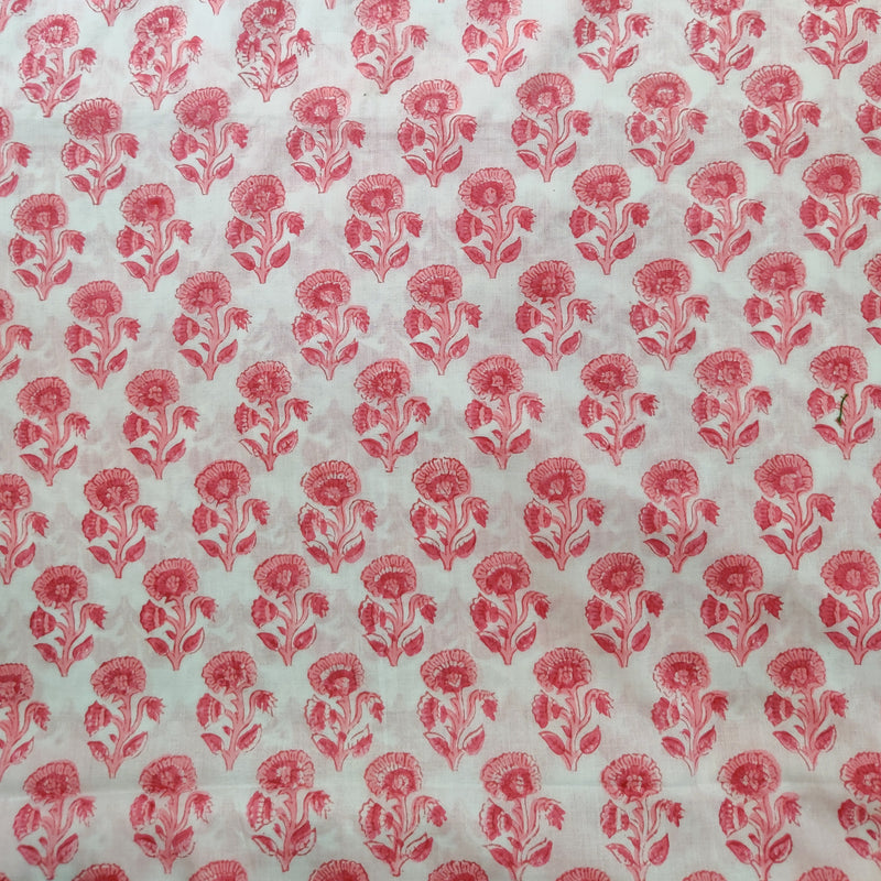 ( Pre-Cut 1.10 Meter ) Pure Cotton Jaipuri White With Shades Of Peach Flower Motif Hand Block Print Fabric