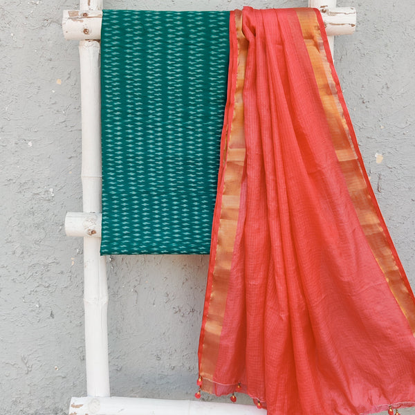 ANUBHA- Pure Cotton Mercerised Ikkat With Semi Kota Plain Dupatta Dark Green With Light Pink