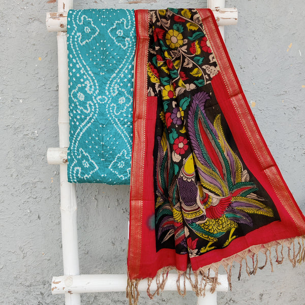 BANDHANI-KALAMKARI-Pure Cotton Bandhani Top Fabric With Hand Painted Kalamkari Dupatta Teal Blure With Red
