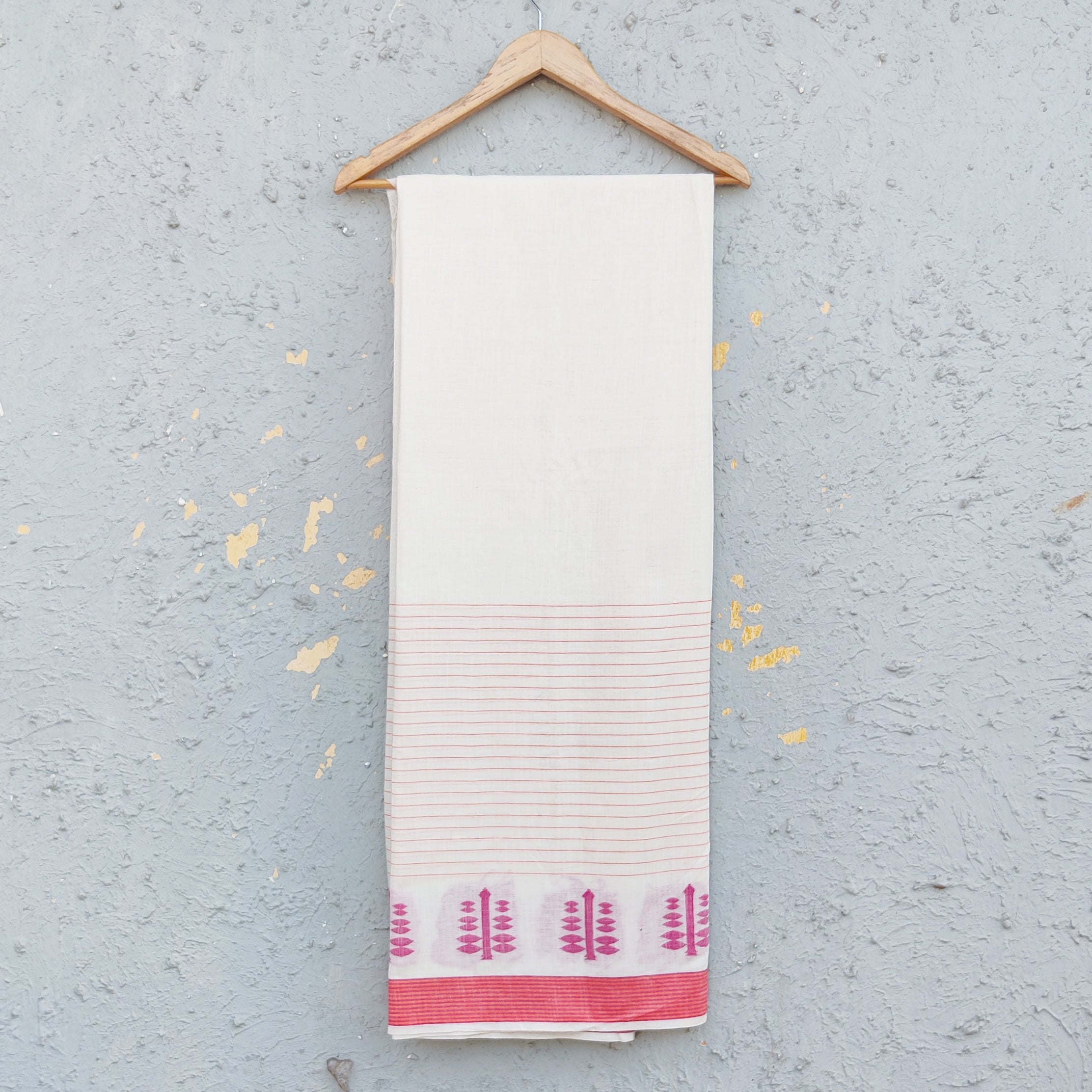 Pure Cotton Handloom Plain White With Pink Stripes And Border Flower M ...