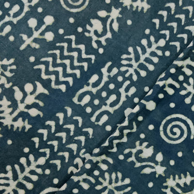 Pure Cotton Dabu Teal Green With Cream Intricate Design Hand Block Print Fabric