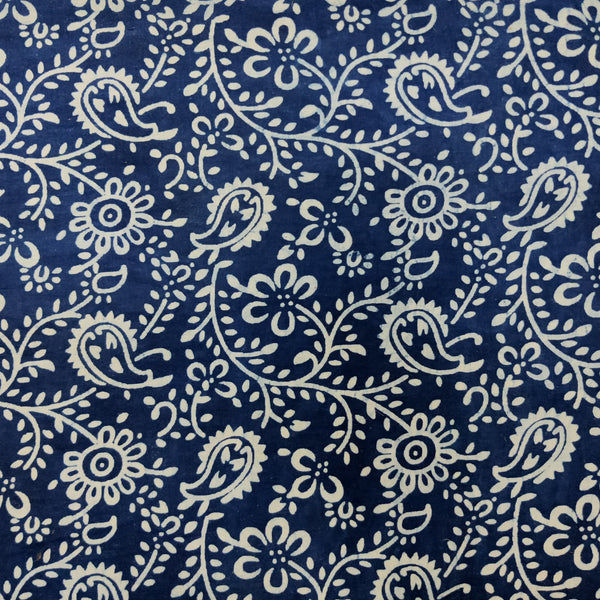 Pure Cotton Indigo With White And Kairi Jaal Hand Block Print Fabric