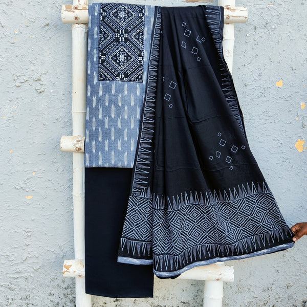 YACHNA-Pure Cotton Ikkat Grey With Black Intricate Design Yoke Top And Black Plain Bottom And Cotton Dupatta