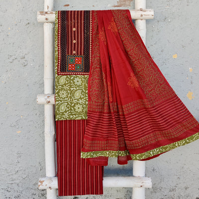 PIYA-Pure Cotton Green With White Flower Jaal And Intricate Design Yoke Top And Maroon With Cream Stripes Bottom And Cotton Dupatta