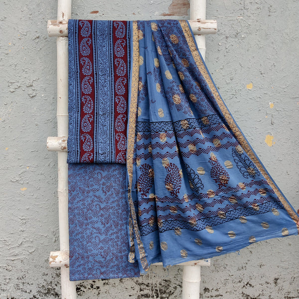 Bagh-E-Wafa-Pure Cotton Blue With Maroon Kairi Border Top And Blue With Maroon Bottom And Cotton Dupatta Unstitched Suit