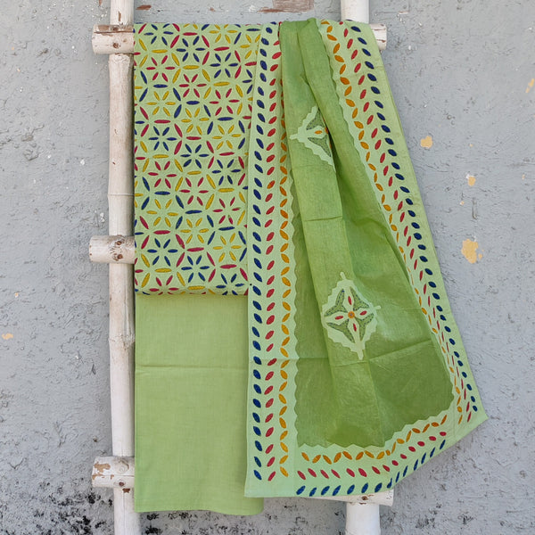 APPLIQUE QUEEN- Pure Cotton Monochrome Light Green Applique With Different Colour Emboriderey Suit