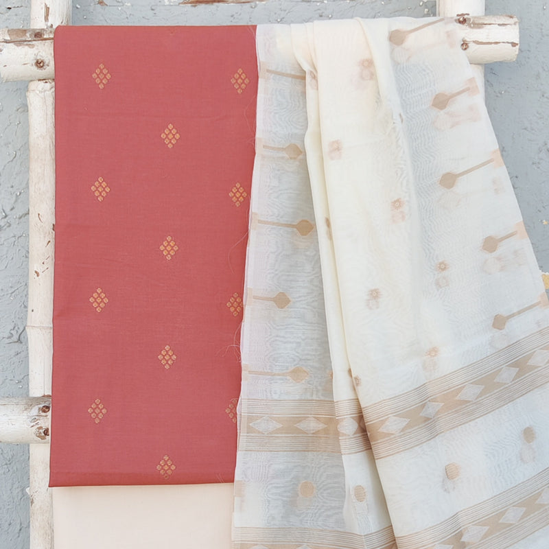 AAKASHI-Pure Cotton Handloom Peach With Golden Diamond Top And Plain Cream Bottom   And Chanderi Jamdani Dupatta