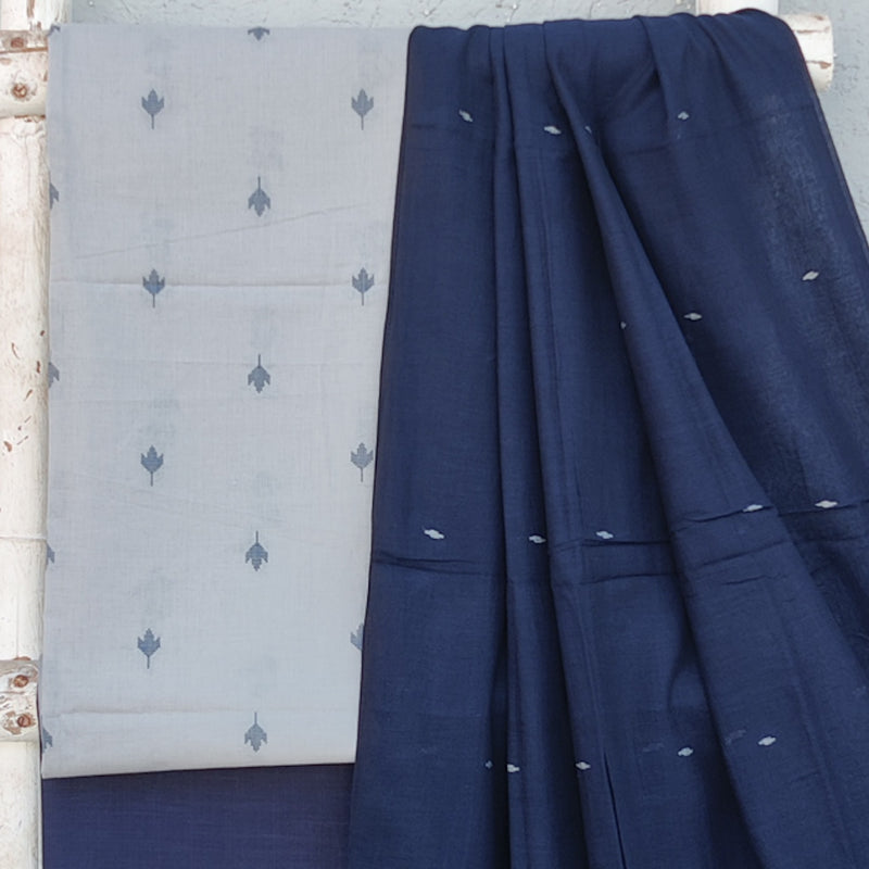 TANISHKA-Pure Cotton Handloom Light Blue Intricate Design Motif Top And Plain Dark Blue Bottom And  Jamdani Dupatta