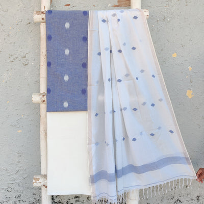 AAKASHI - Pure Cotton Handloom Blue  Top And White Plain Bottom And White Cotton Jamdani Dupatta