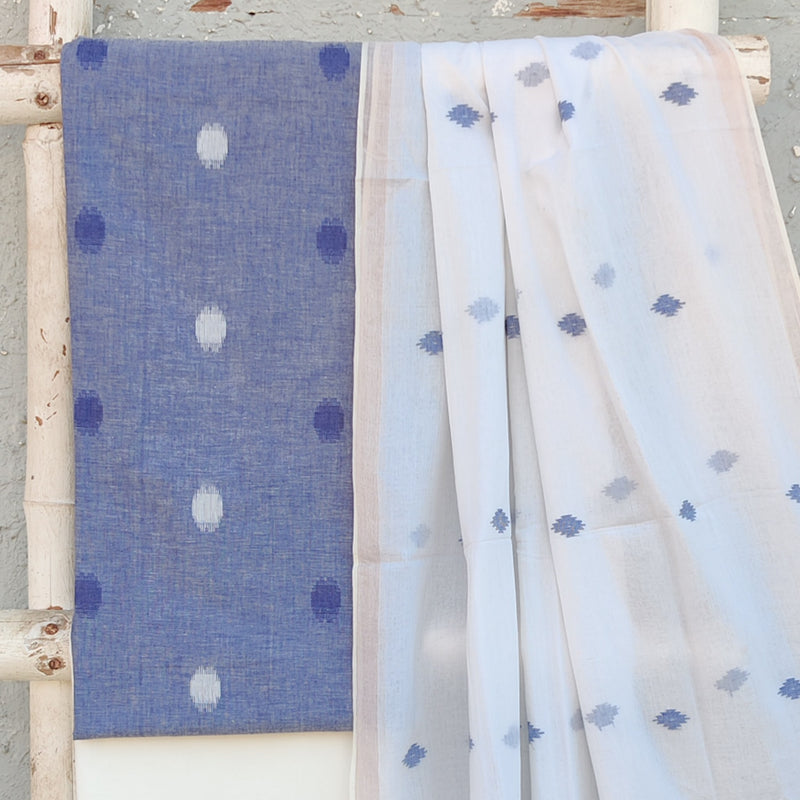 AAKASHI - Pure Cotton Handloom Blue  Top And White Plain Bottom And White Cotton Jamdani Dupatta