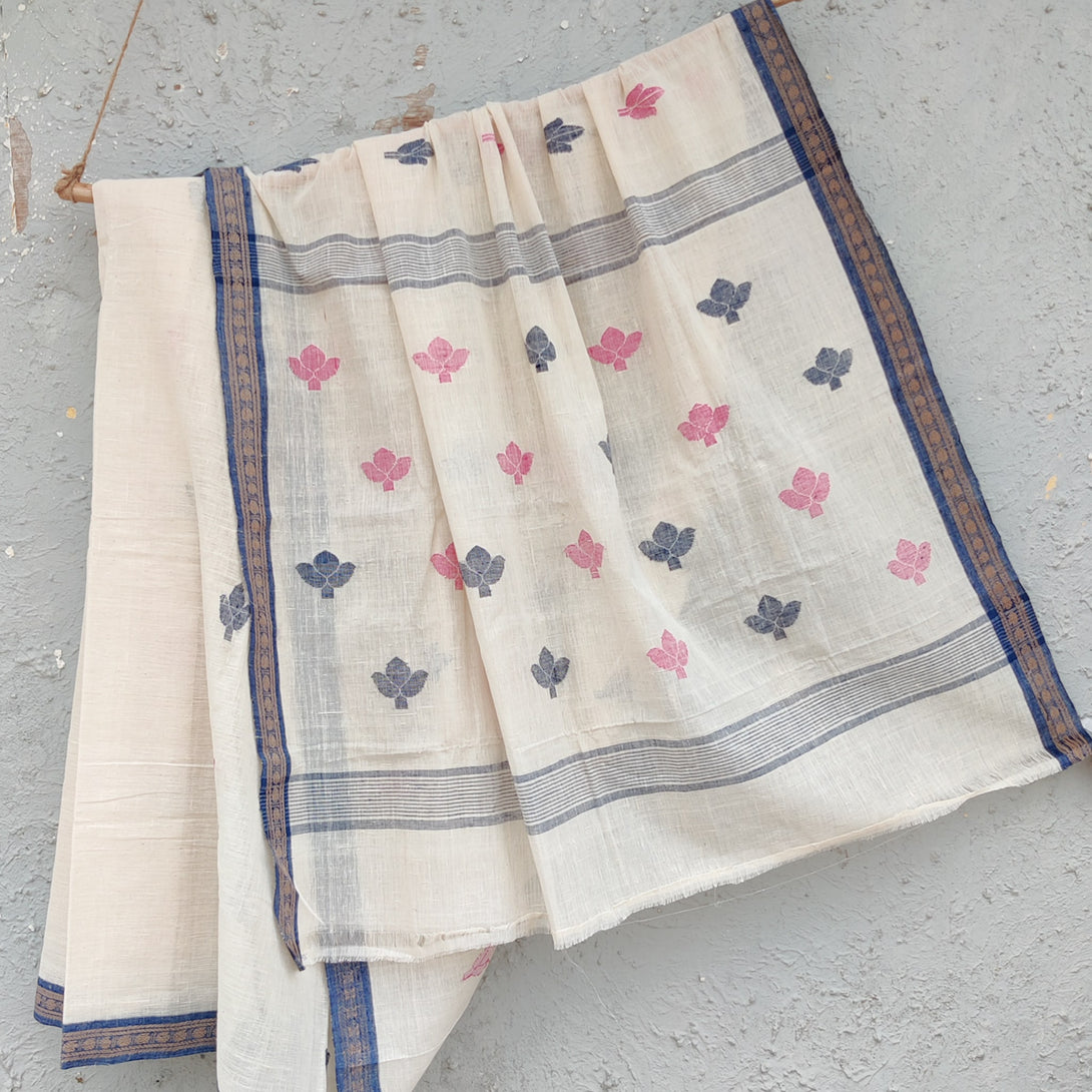 MALKHA-Handloom White With Blue And Pink Flower Saree – Sanskruti