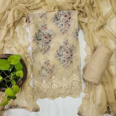 IRA- Organza Light Brown With Pink And Grey Flower Top And Rayon Plain Bottom And Chiffion Dupatta Suit