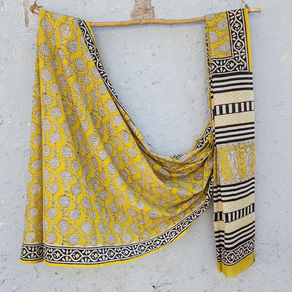 ISHA-Mul Cotton Yellow With Cream And Black Saree