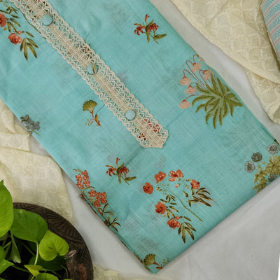 JAGVI-Pure Cotton Blue With Pink Flower Top And Cotton Stripes Bottom And Cotton Cream Embroidery Dupatta Suit