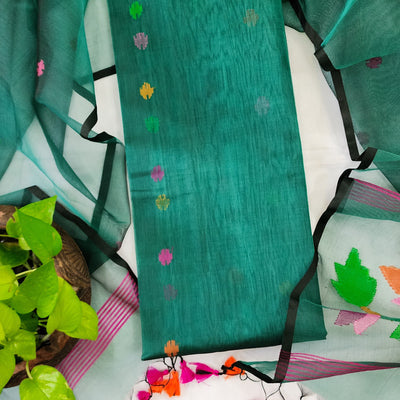 JAMDANI-Jamdani Dark Green Top And Jamdani Intricate Design Dupatta
